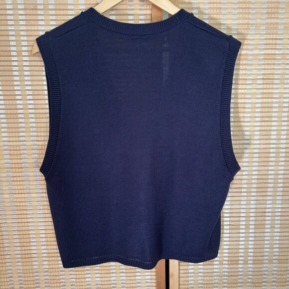 Leslie Fay Navy Knit Sweater Vest With Embroidered Teal Leaves & Gold Buttons - Picture 4 of 8